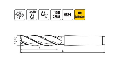 Frez trzpieniowy walcowo-czołowy długi z chwytem Morse'a HSS-E TiN  12 mm