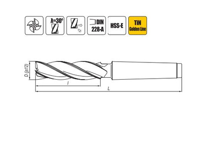 Frez trzpieniowy walcowo-czołowy długi z chwytem Morse'a HSS-E TiN  25 mm