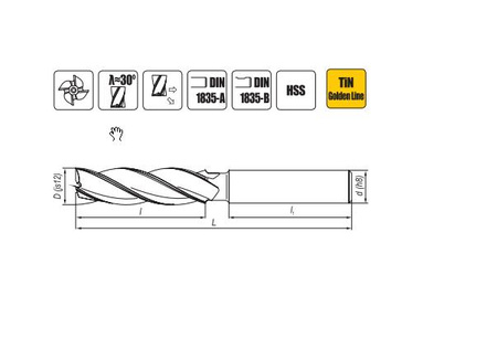 Frez trzpieniowy walcowo-czołowy długi HSS TiN 12 mm