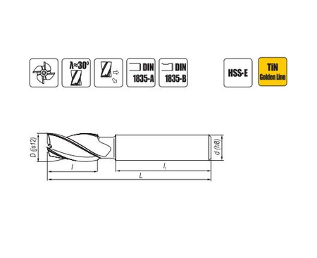 Frez trzpieniowy walcowo-czołowy krótki HSS-E TiN 25 mm
