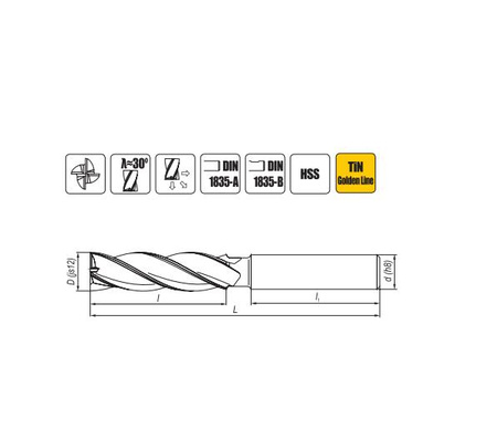Frez trzpieniowy walcowo-czołowy długi o ostrzach centralnych HSS TiN  25 mm
