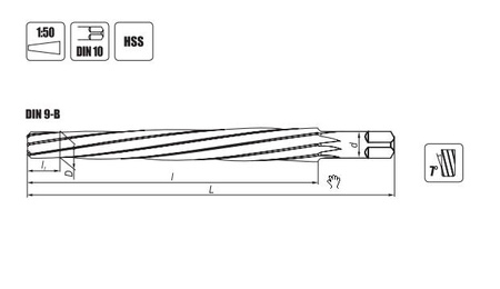 Rozwiertak ręczny stożkowy zbieżny 1:50 skrętny 10 mm