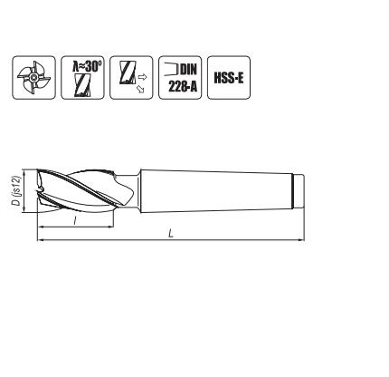 Frez trzpieniowy walcowo-czołowy krótki z chwytem Morse'a HSS-E  12 mm