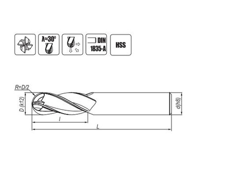Frez do matryc z czołem kulistym krótki HSS 12 mm