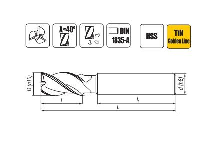 Frez trzpieniowy krótki do metali lekkich HSS TiN  10 mm