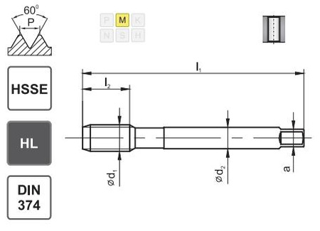 Gwintownik maszynowy M12x1,5 DIN-374 HSSE INOX